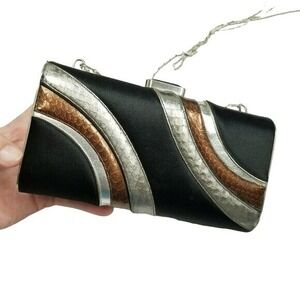 JUDITH LEIBER Clutch Hard Sided Handbag Chain Strap Black Silver Gold Leather